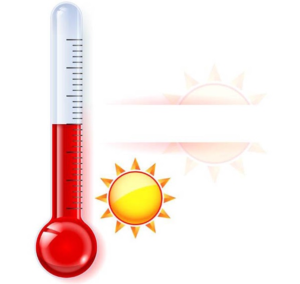Sol e termómetro com temperaturas altas