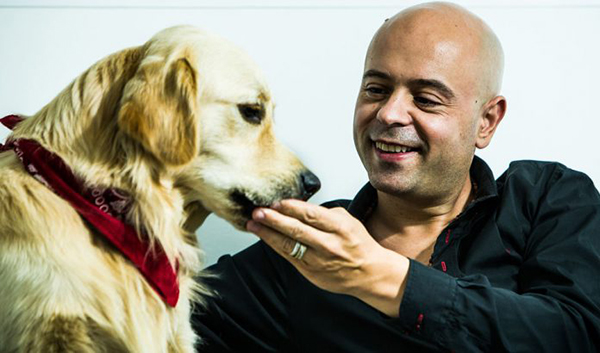 Homem careca com cão golden retriever